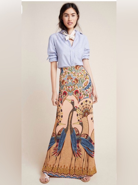 Anthropologie Dresses & Skirts - Anthropologie Peach Maxi Skirt with Blue & Red Peacock Print